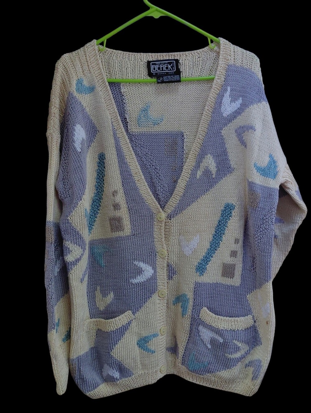 Berek Cream/Lavender Abstract Geometric Button-Front V-Neck Cardigan Sz Lrg